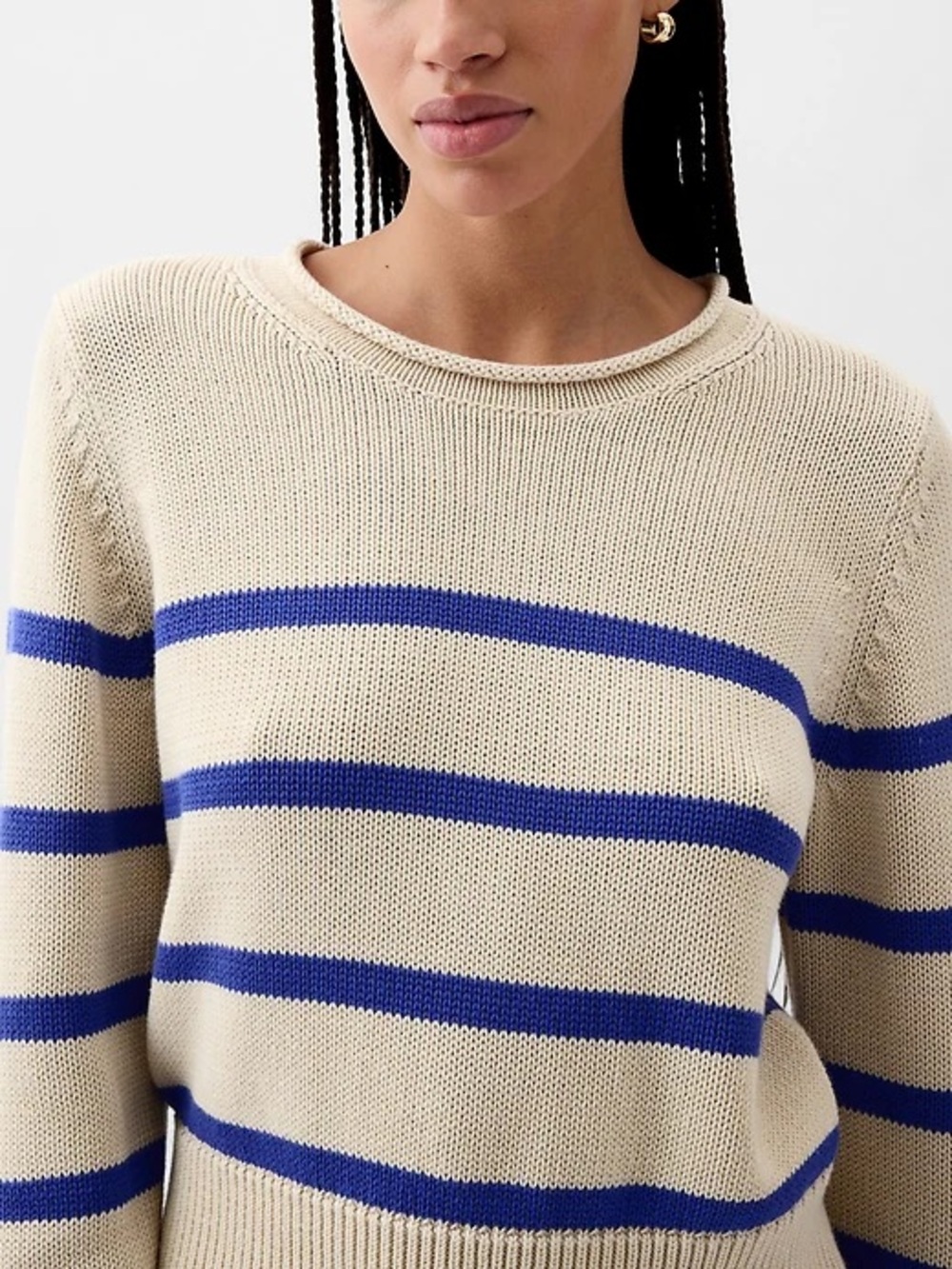 Gap 2024 Roll Neck Sweater Blue and White Fisherman Cropped 100% Cotton Size XS - Picture 3 of 11